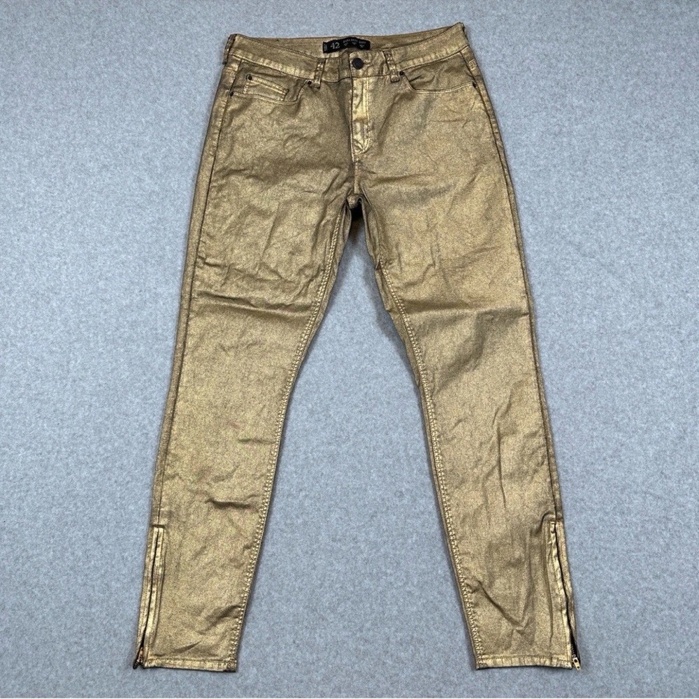 ZARA Basic Gold Metallic Jeans Womens 10 Coated Foil Skinny Ankle Zipper